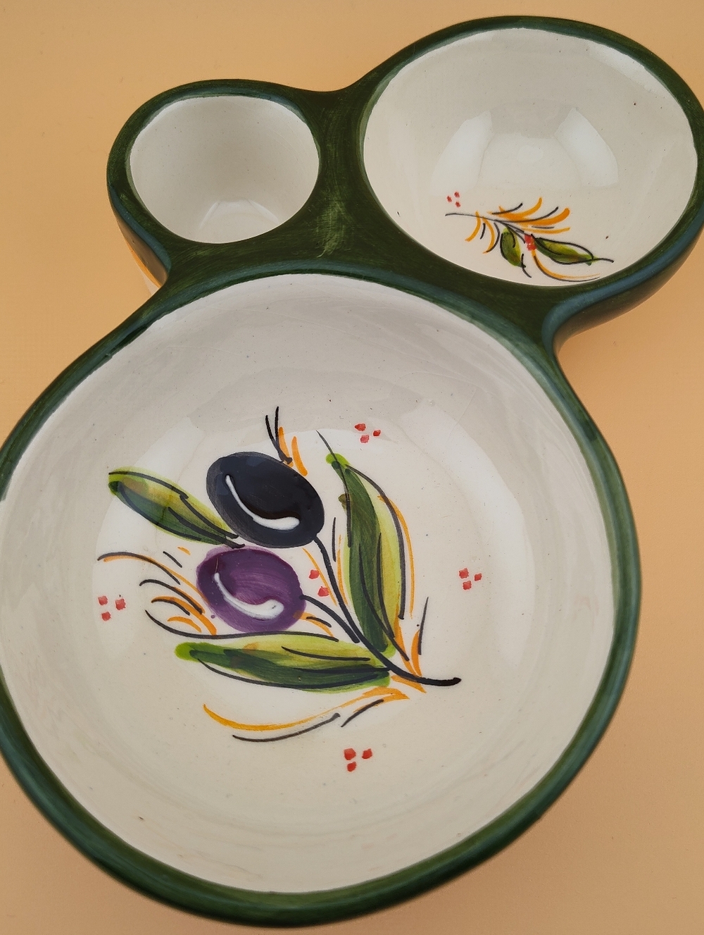 Hand-Painted Ceramic Divided Olive Dish - Green, White, Purple, Black
